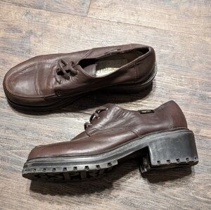 90's Y2K Esprit 7 Womens Brown Leather Chunky Heel Shoes Lace Up Vintage